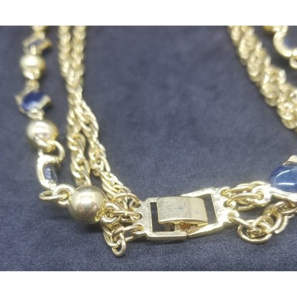 Vintage Triple Strand Necklace Gold Tone Chain Blue and Gold Stations 24" - Picture 7 of 7